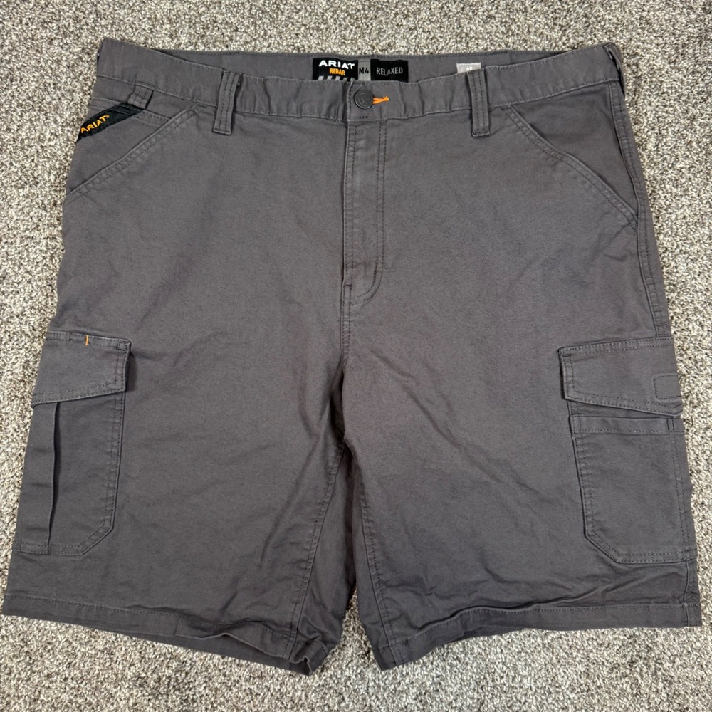 Ariat Rebar M4 Relaxed Tough Cargo Shorts Mens 40 Grey Canvas Workwear 10034681